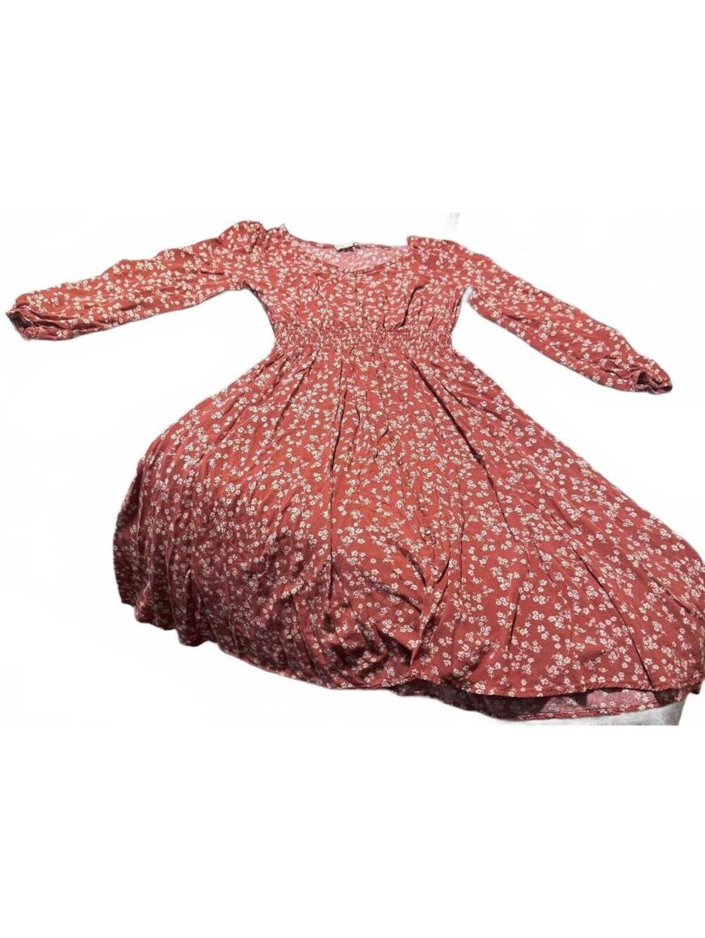 Indigo Rose Cottage Core Rust Colored Floral Dress Long Sleeve Midi Boho (M)